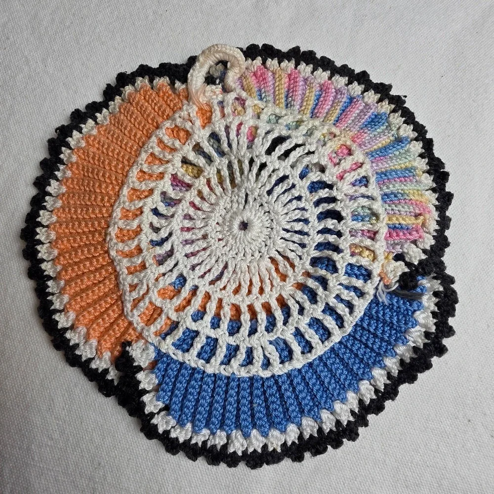 Vintage Style Handmade Crochet Spiral Potholder Blue Orange Multi Hot Pad Trivet